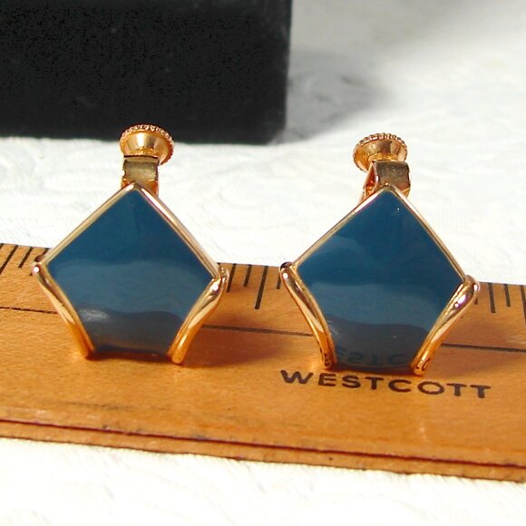 Vtg 80's JS Clip-On EARRINGS, Gold Tone w/Dark Teal Enamel F77 - Picture 2 of 6